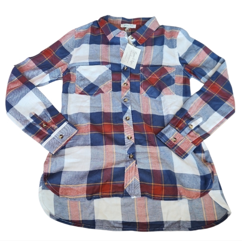 Grace & Lace Women's Plaid Shirt - Blue, Red, and White